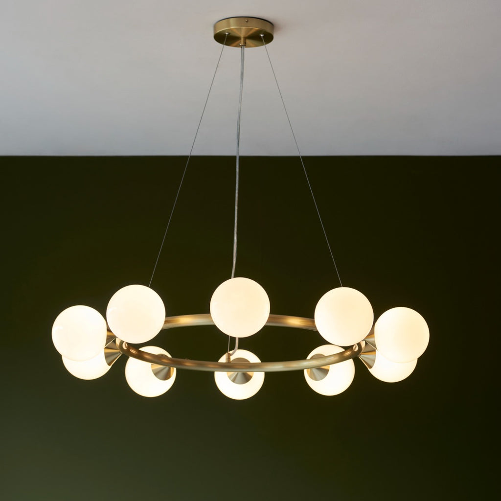 Novena Barbosa 10 Light Pendant Light Satin Brushed Gold White Glass