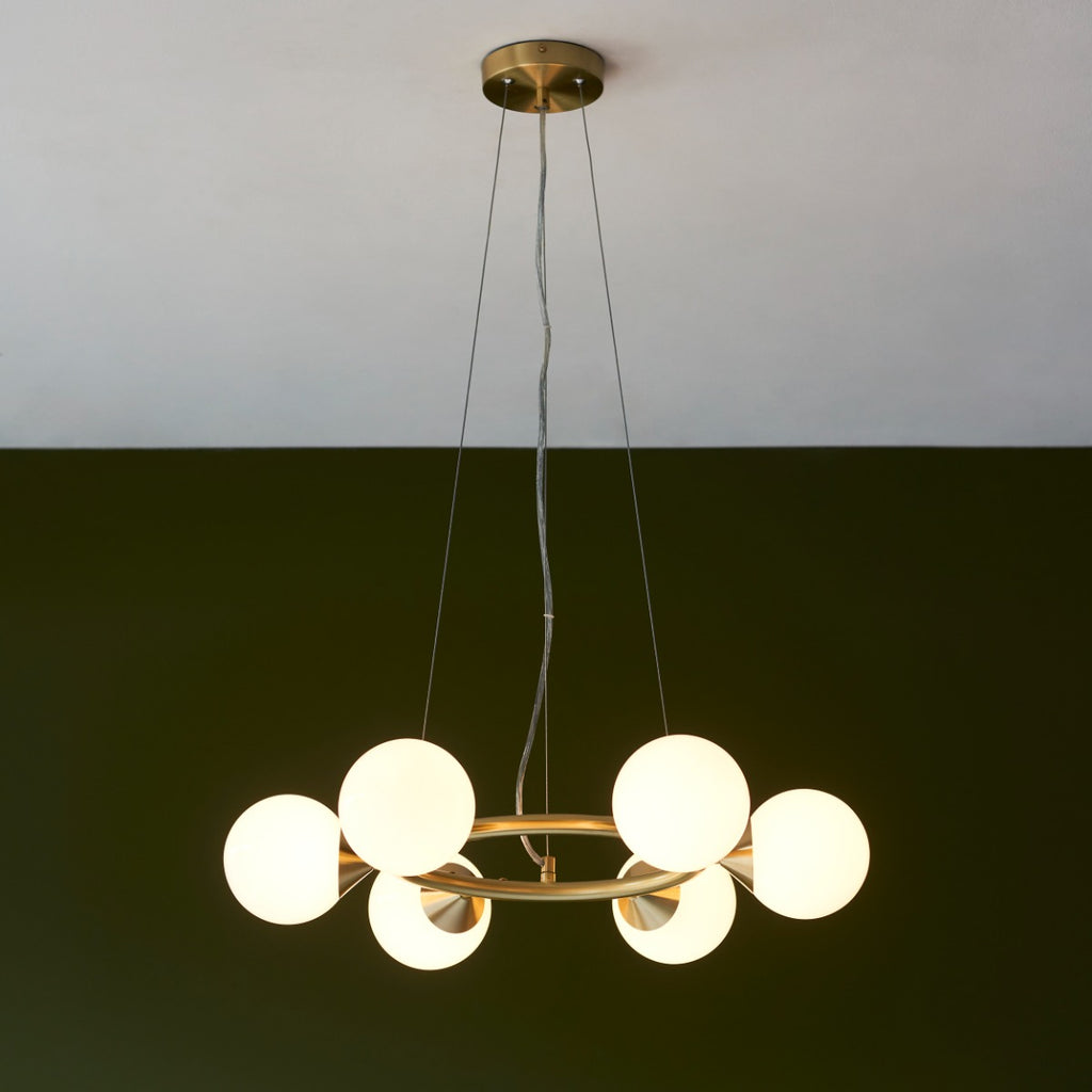 Novena Barbosa 6 Light Pendant Light Satin Brass Plate Gloss White Glass