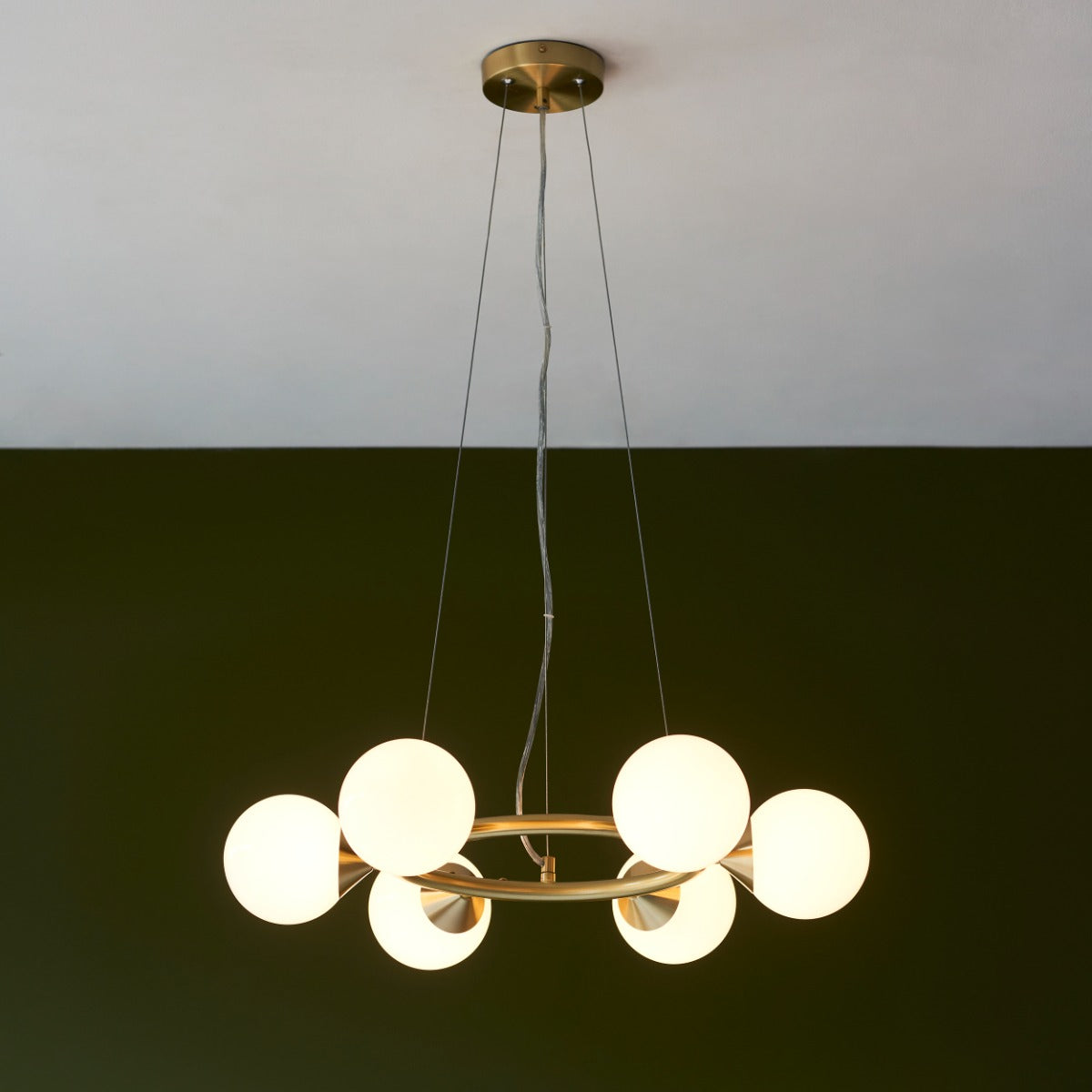 Novena Barbosa 6 Light Pendant Light Satin Brass Plate Gloss White Glass