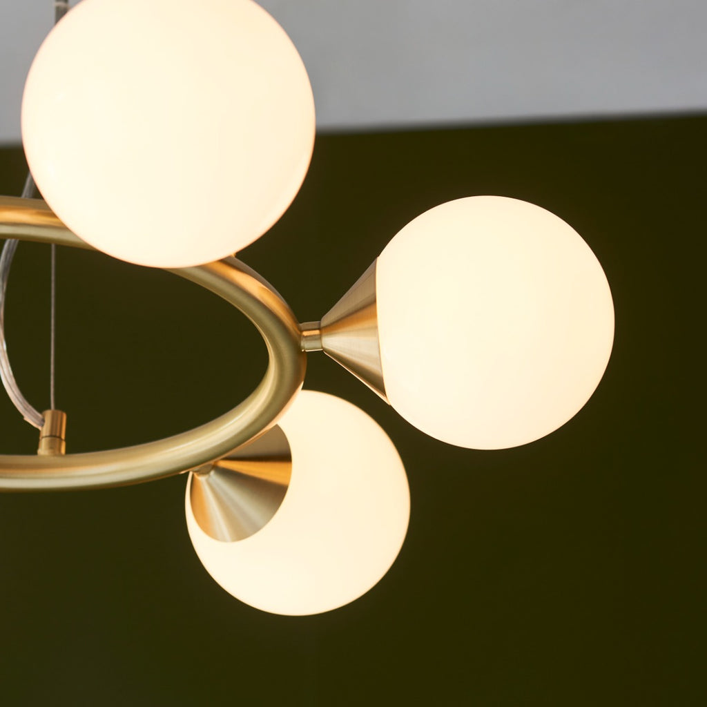 Novena Barbosa 6 Light Pendant Light Satin Brass Plate Gloss White Glass