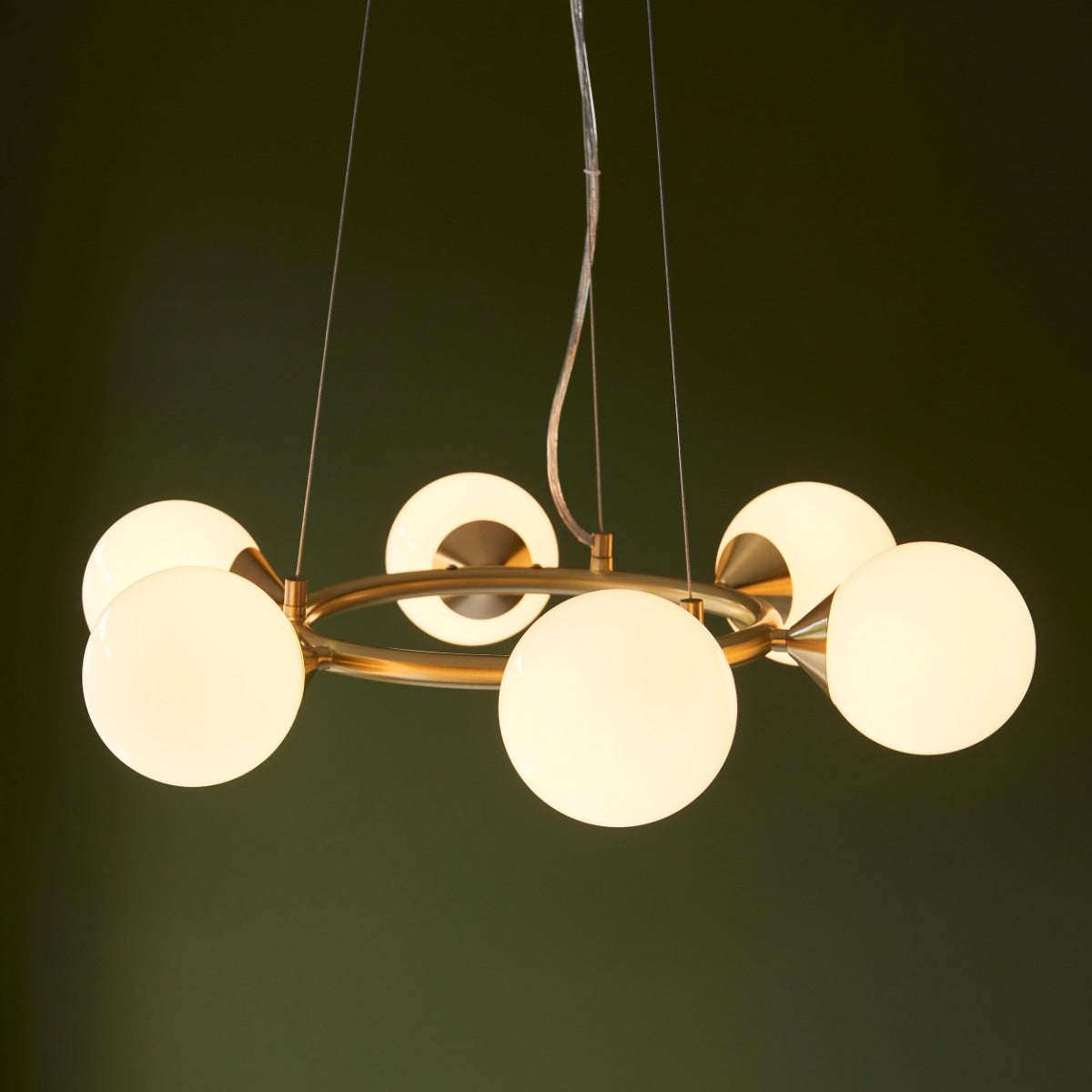 Novena Barbosa 6 Light Pendant Light Satin Brass Plate Gloss White Glass