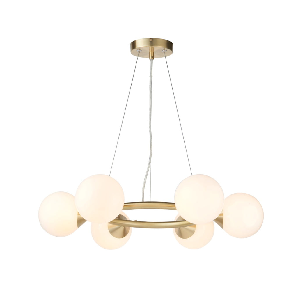 Novena Barbosa 6 Light Pendant Light Satin Brass Plate Gloss White Glass