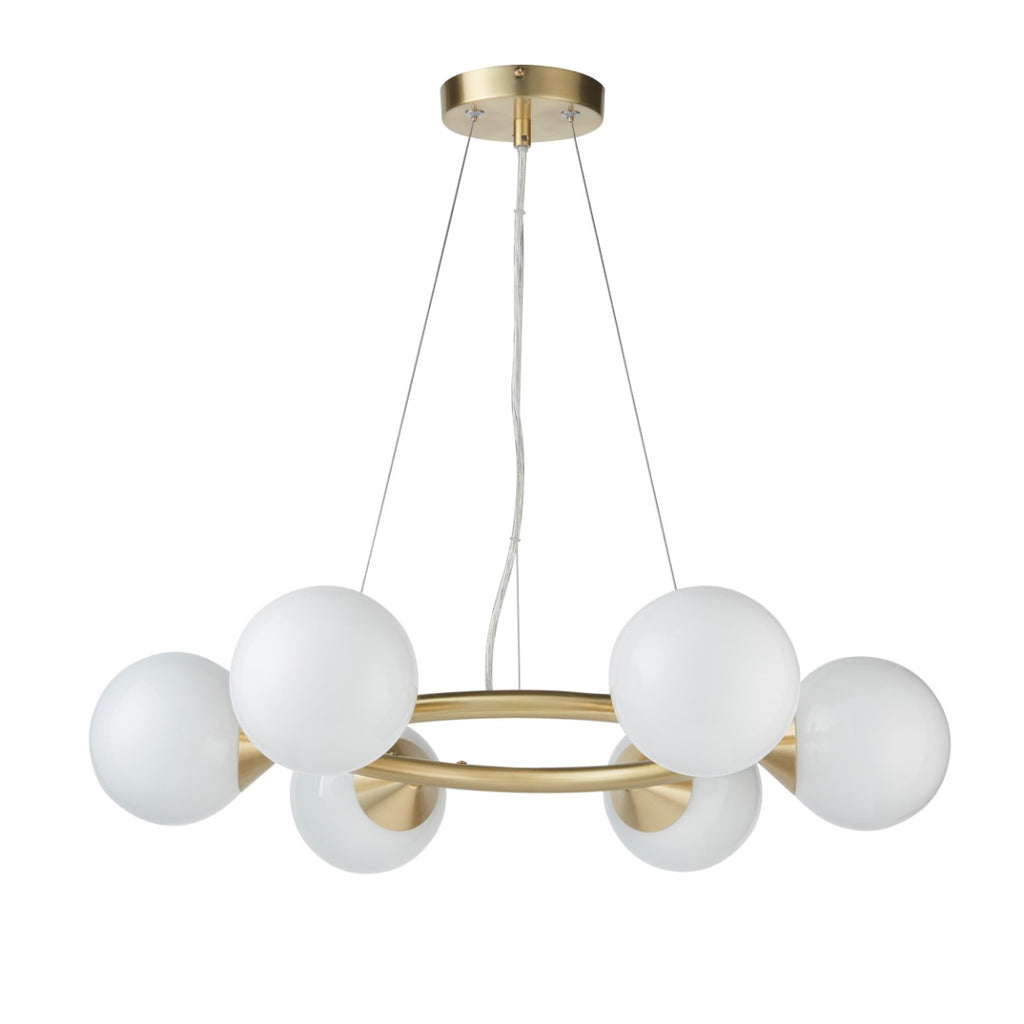 Novena Barbosa 6 Light Pendant Light Satin Brass Plate Gloss White Glass