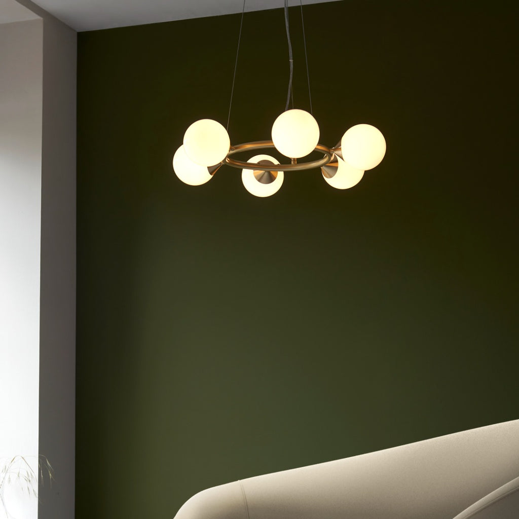 Novena Barbosa 6 Light Pendant Light Satin Brass Plate Gloss White Glass