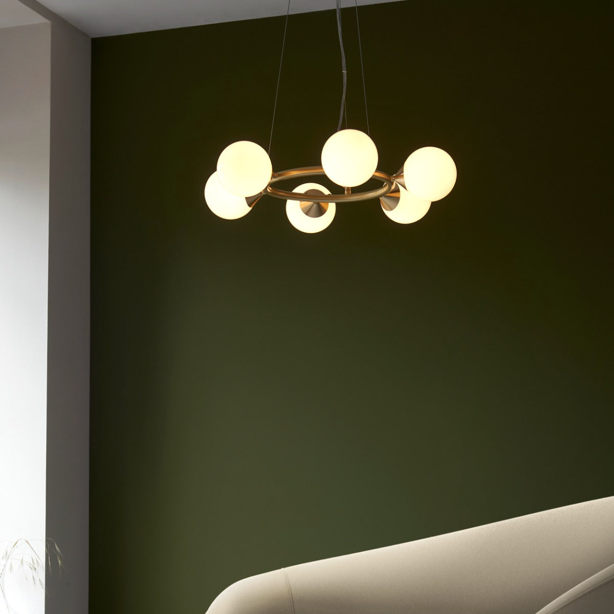 Novena Barbosa 6 Light Pendant Light Satin Brass Plate Gloss White Glass