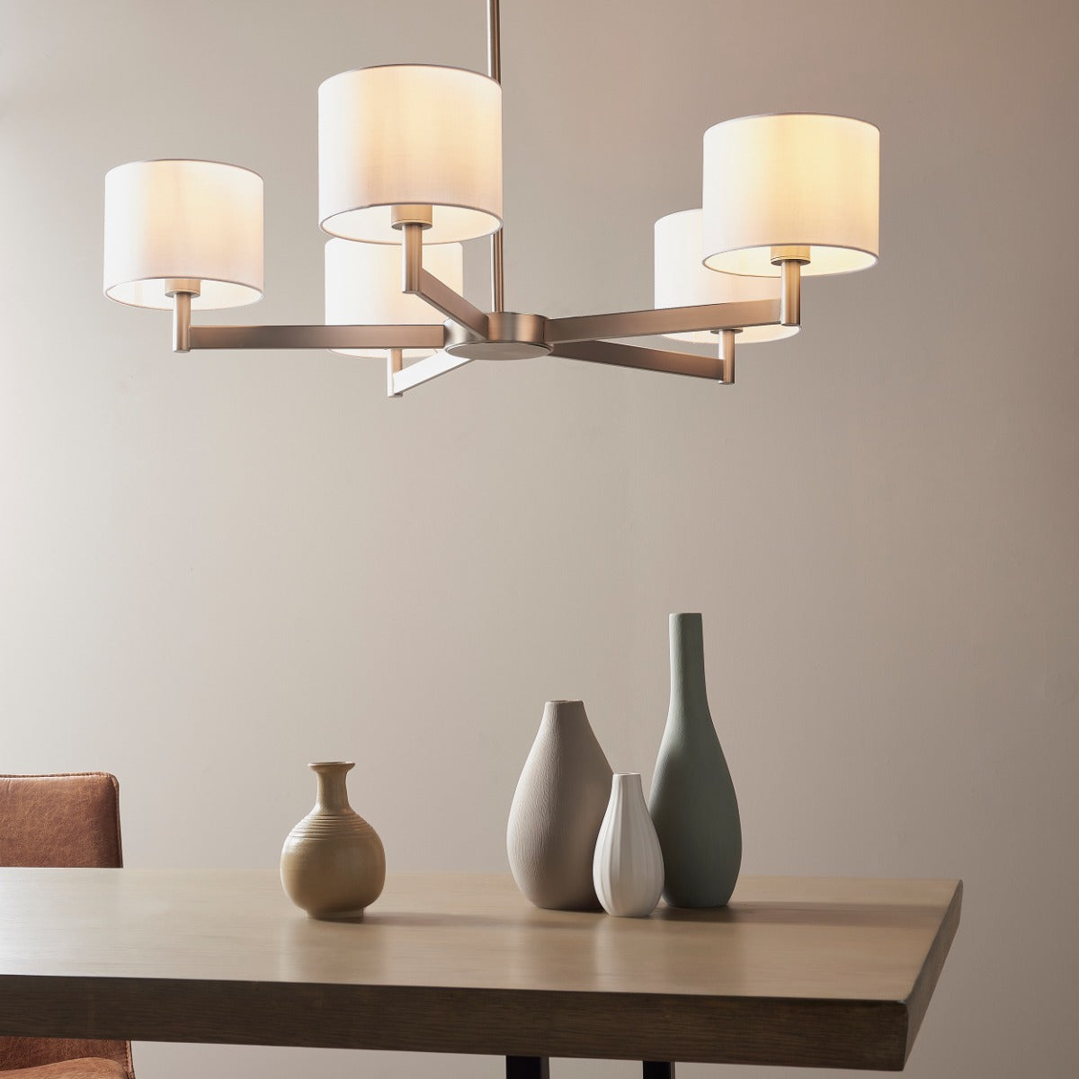 Novena Barrio 5 Light Pendant Light Matt Nickel Plate Taupe Fabric