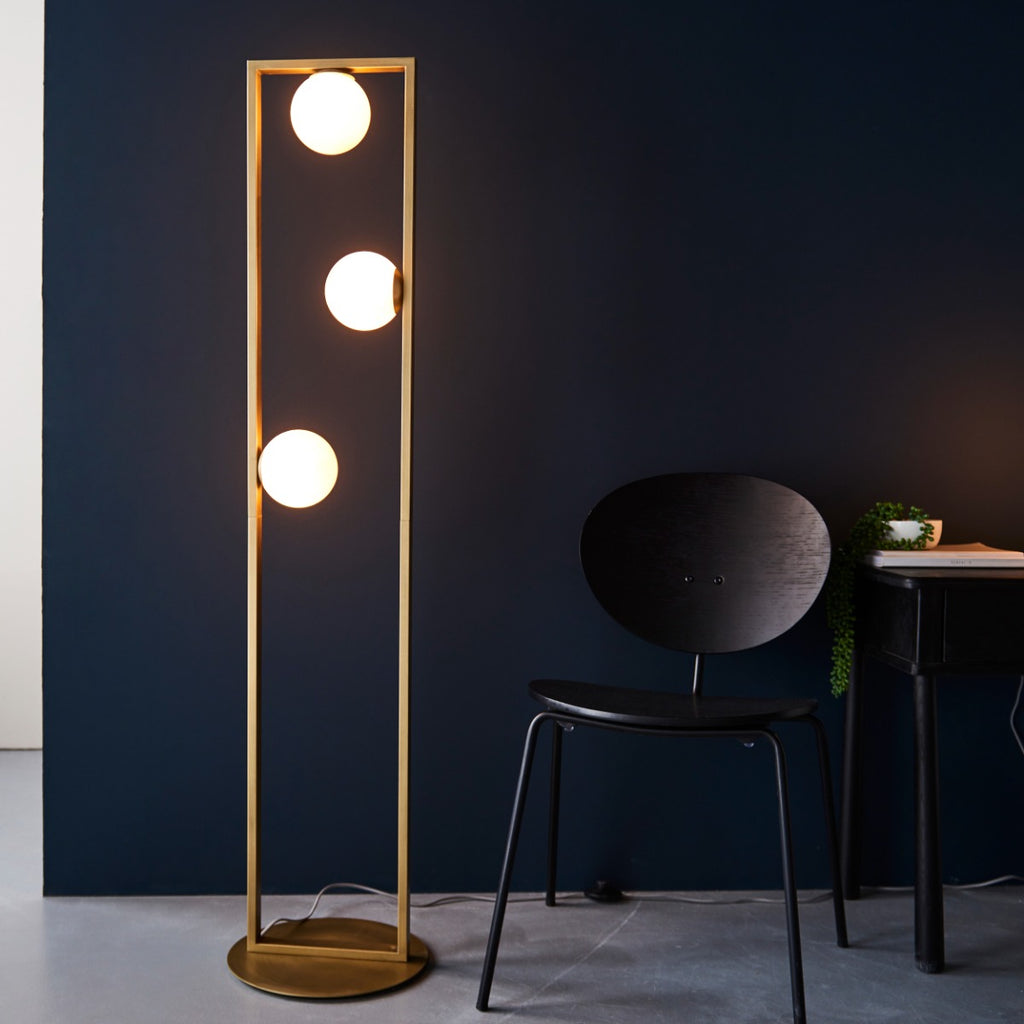 Novena Bromos 3 Light Floor Lamp Brushed Gold Gloss Opal Glass