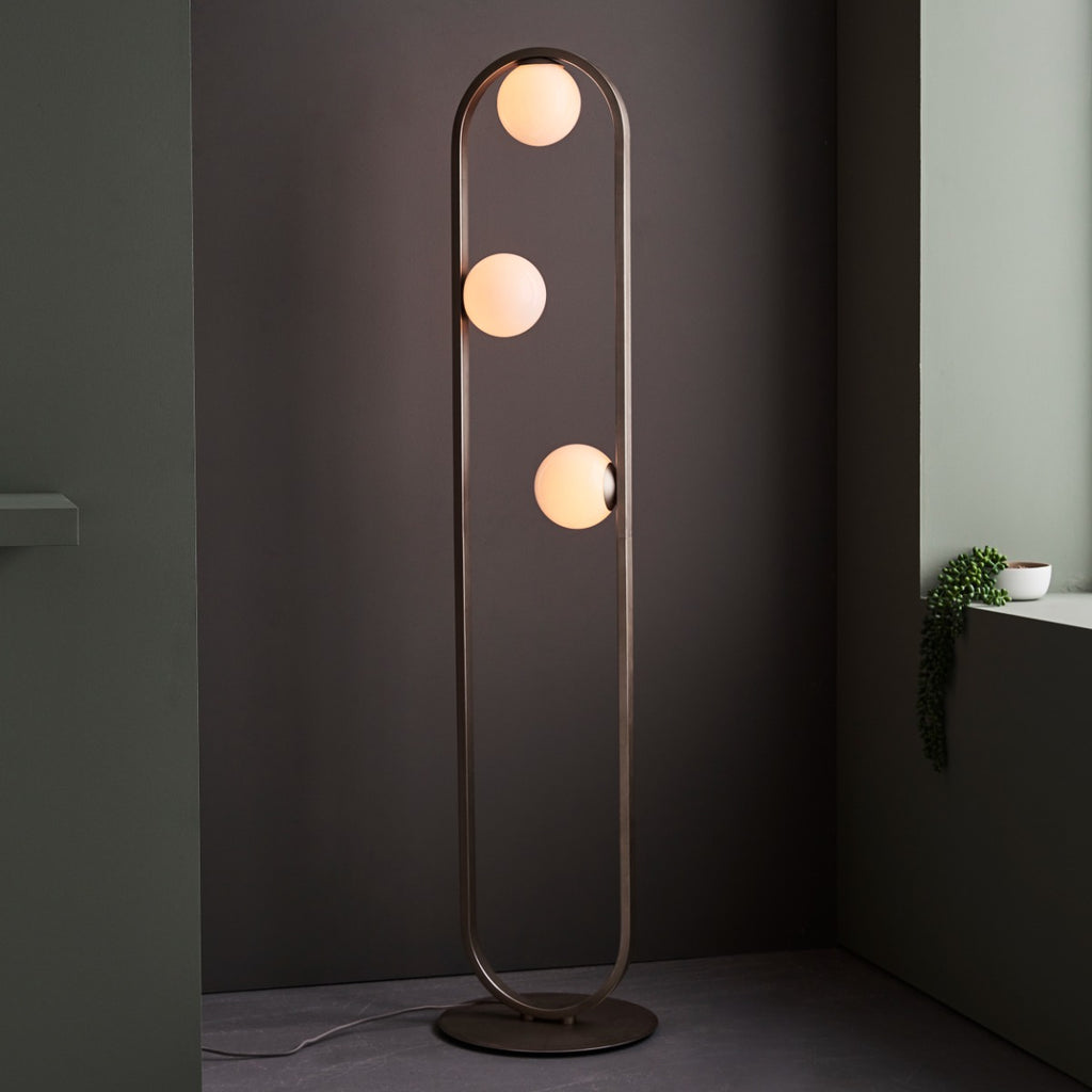 Novena Bromos 3 Light Floor Lamp Brushed Silver Gloss Opal Glass