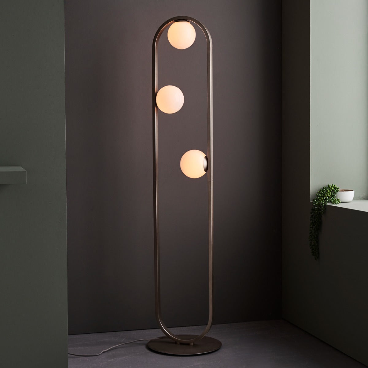 Novena Bromos 3 Light Floor Lamp Brushed Silver Gloss Opal Glass