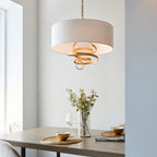 Novena Bulso 3 Light Pendant Light Gold Leaf Ivory Cotton Fabric