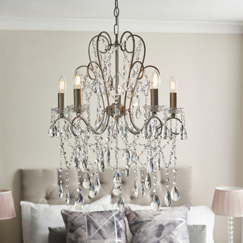 Novena Cafede 5 Light Crystal Chandelier in Aged Silver Paint with Clear Cut Glass