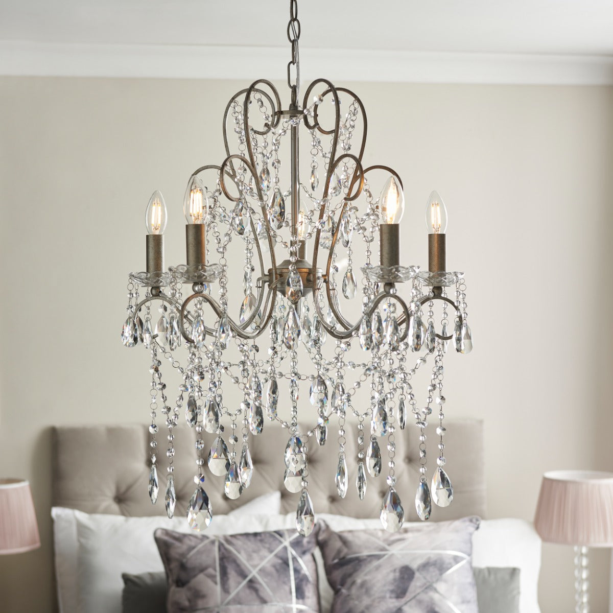 Novena Cafede 5 Light Crystal Chandelier in Aged Silver Paint with Clear Cut Glass