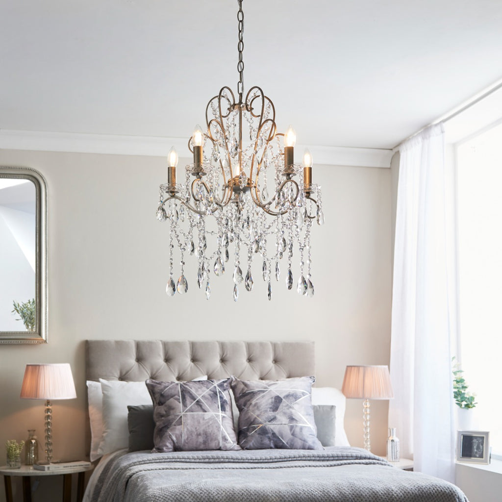 Novena Cafede 5 Light Crystal Chandelier in Aged Silver Paint with Clear Cut Glass