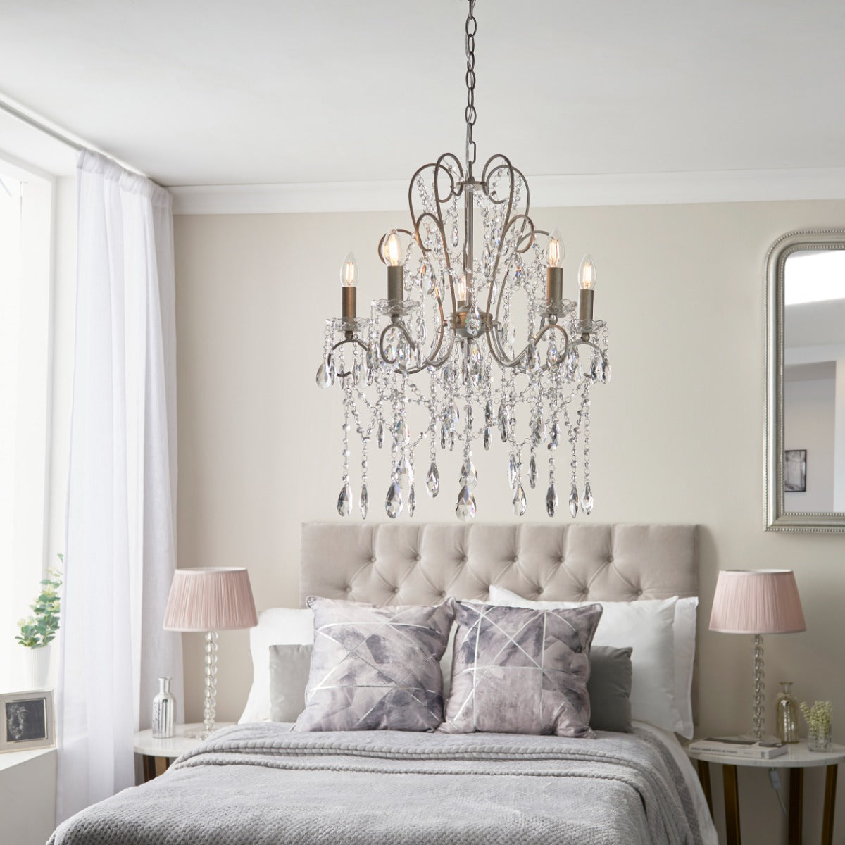 Novena Cafede 5 Light Crystal Chandelier in Aged Silver Paint with Clear Cut Glass