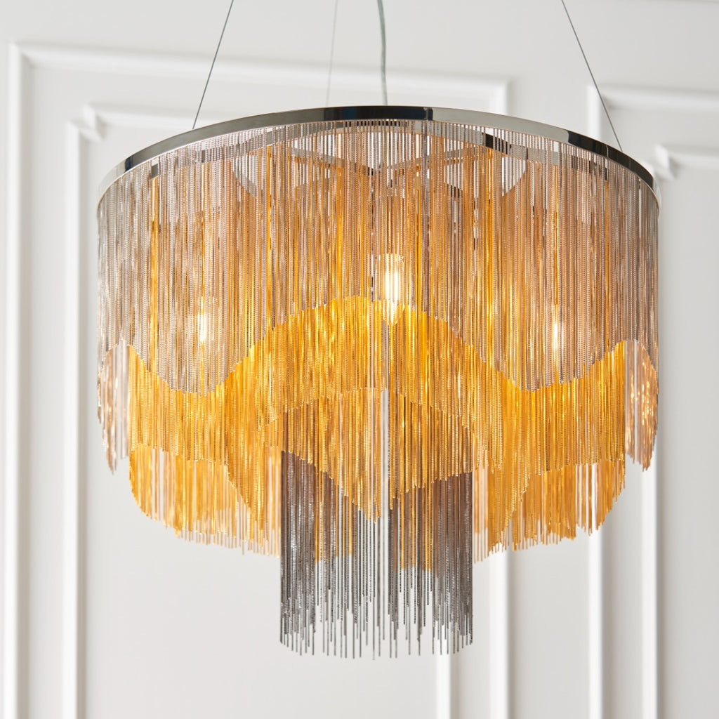 Novena Calvos 5 Light Pendant Light Bright Nickel Plate Gold Black Effect Chain