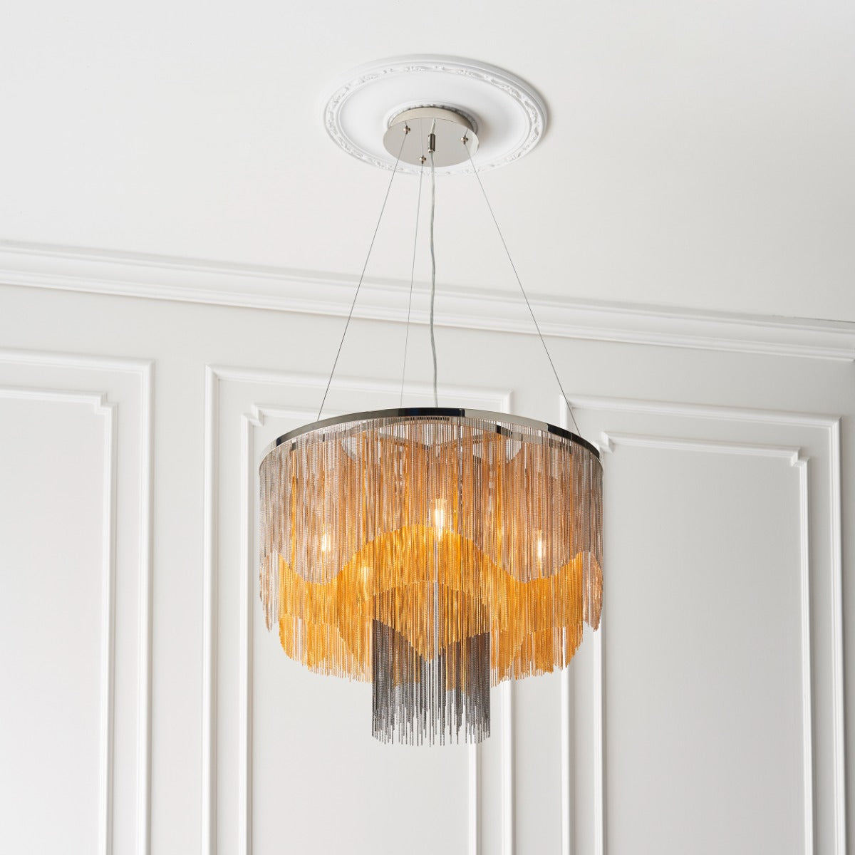 Novena Calvos 5 Light Pendant Light Bright Nickel Plate Gold Black Effect Chain