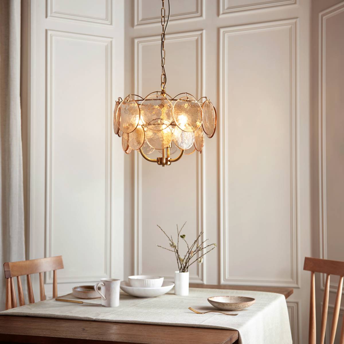 Novena Canard 3 Light Pendant in Brushed Aged Brass and Handmade Champagne Glass Discs