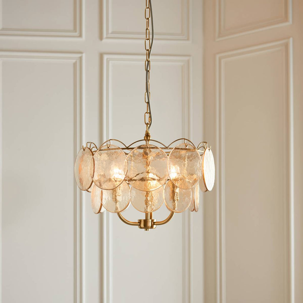 Novena Canard 3 Light Pendant in Brushed Aged Brass and Handmade Champagne Glass Discs
