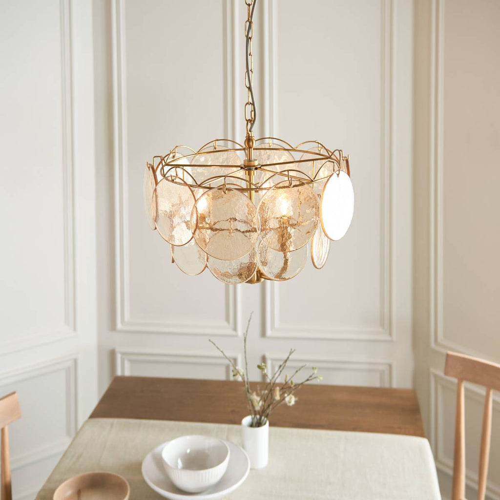 Novena Canard 3 Light Pendant in Brushed Aged Brass and Handmade Champagne Glass Discs