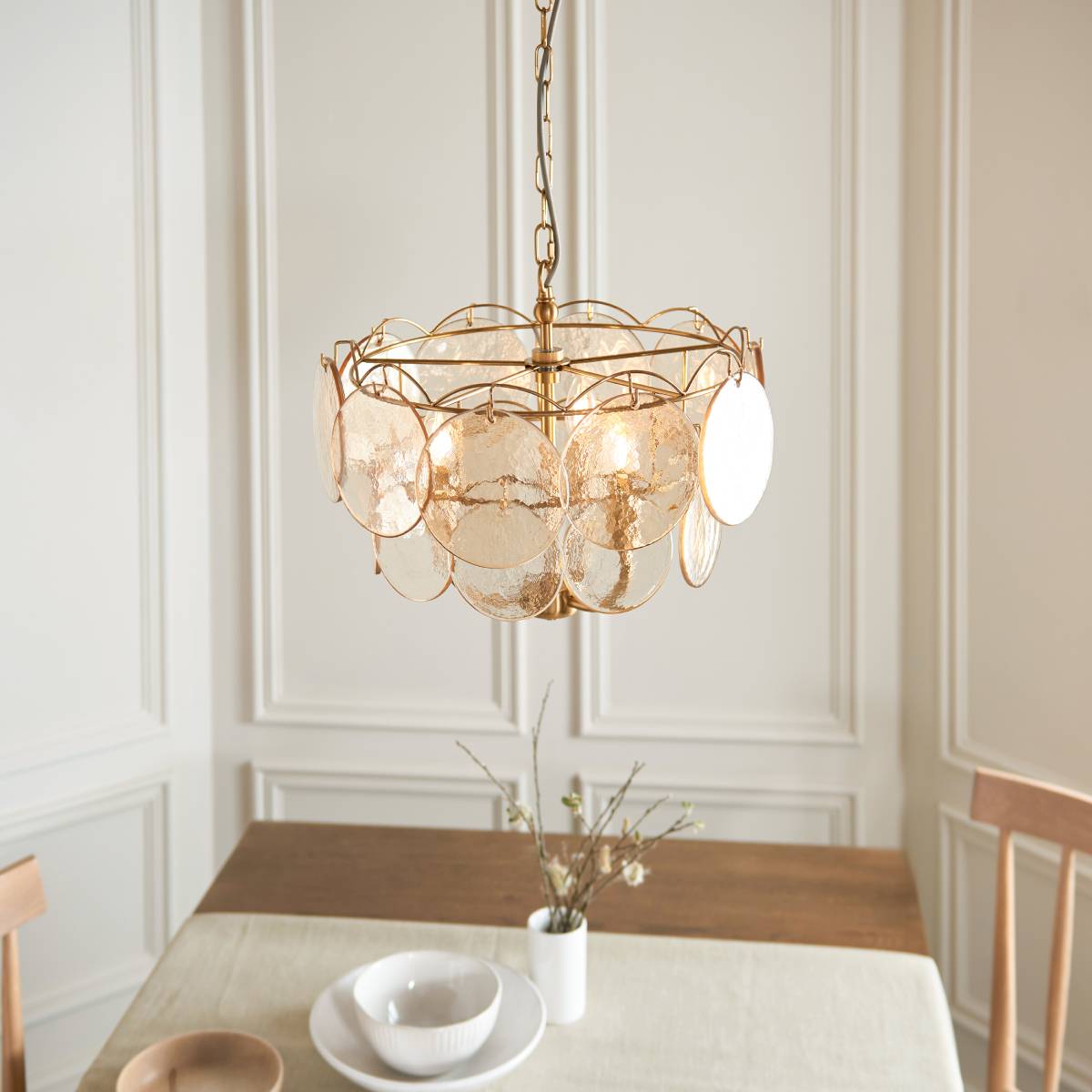 Novena Canard 3 Light Pendant in Brushed Aged Brass and Handmade Champagne Glass Discs