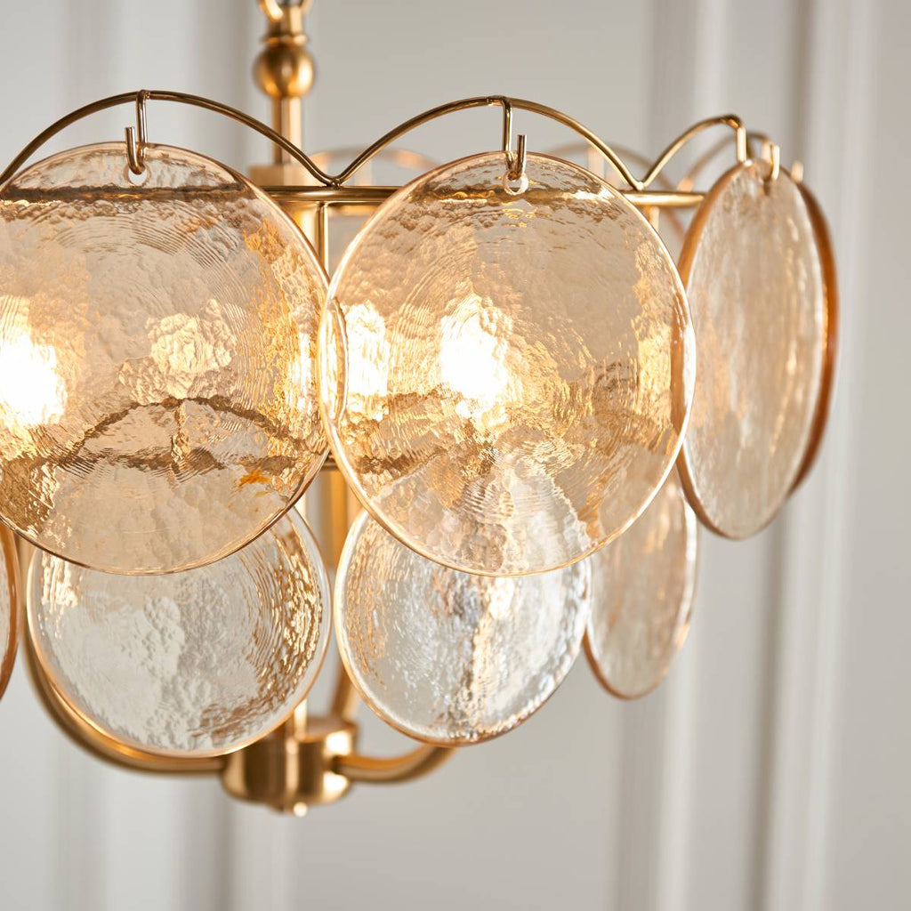 Novena Canard 3 Light Pendant in Brushed Aged Brass and Handmade Champagne Glass Discs