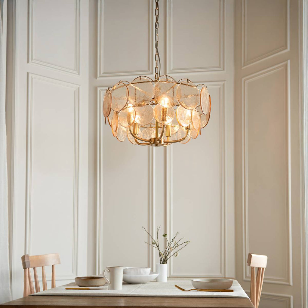 Novena Canard 5 Light Pendant in Brushed Aged Brass Plate cnd Handmade Champagne Glass