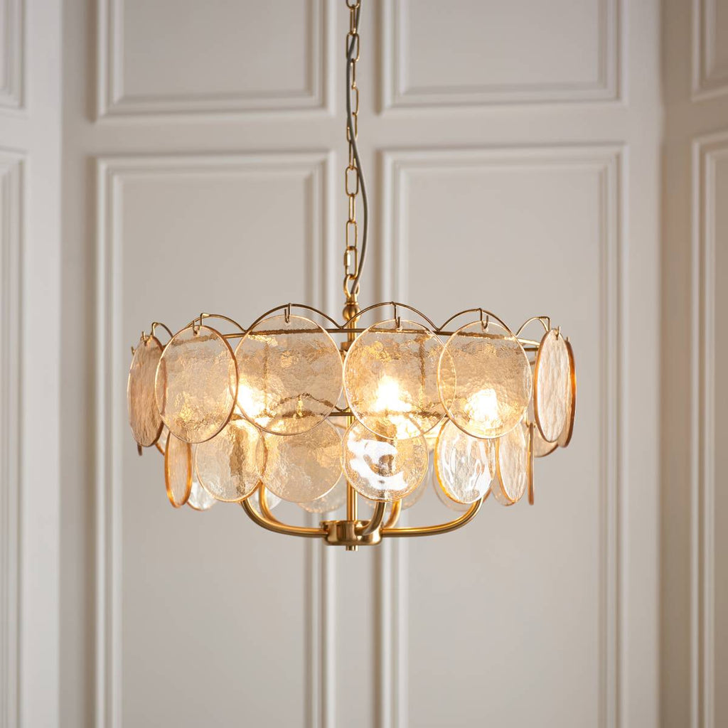 Novena Canard 5 Light Pendant in Brushed Aged Brass Plate cnd Handmade Champagne Glass