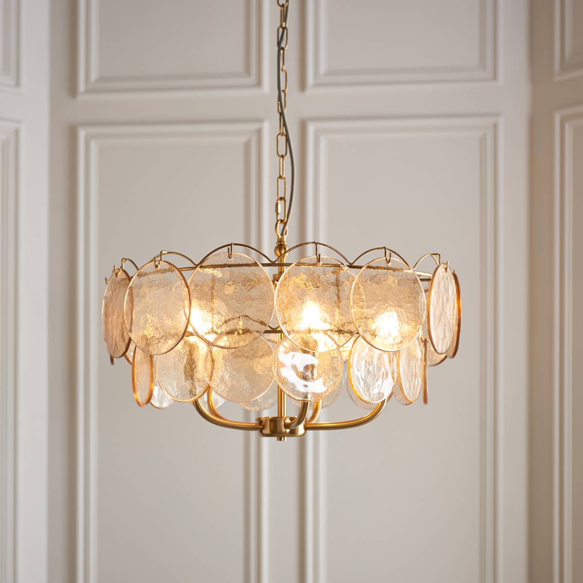 Novena Canard 5 Light Pendant in Brushed Aged Brass Plate cnd Handmade Champagne Glass