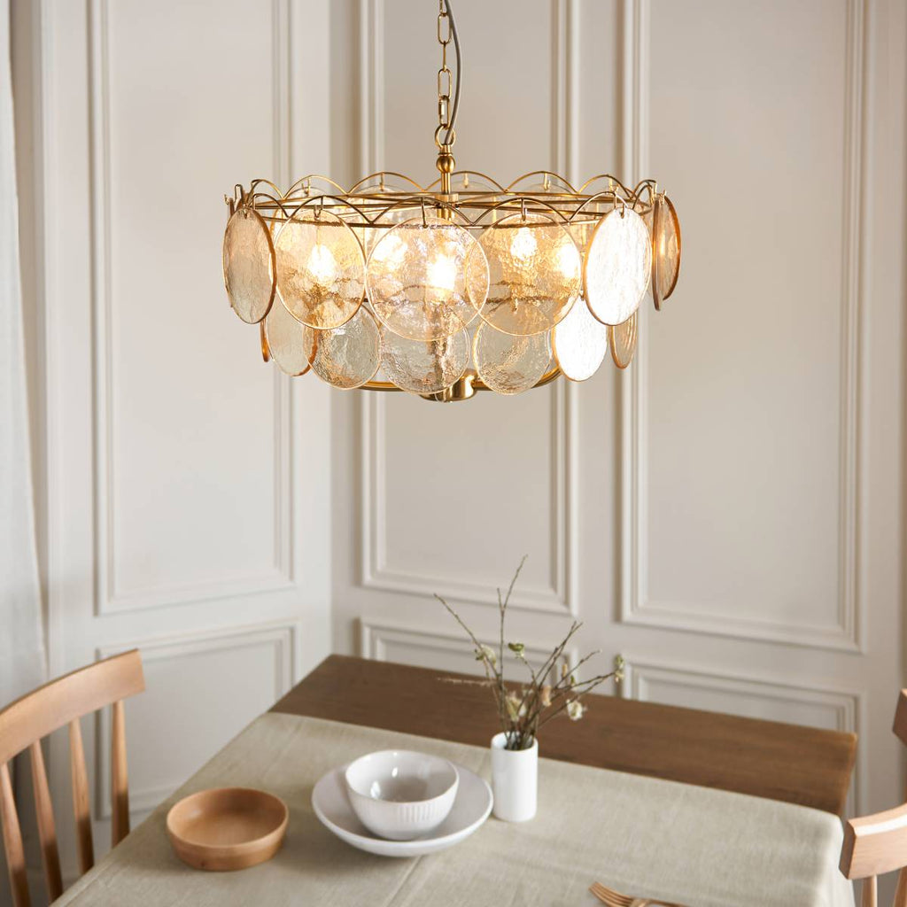 Novena Canard 5 Light Pendant in Brushed Aged Brass Plate cnd Handmade Champagne Glass