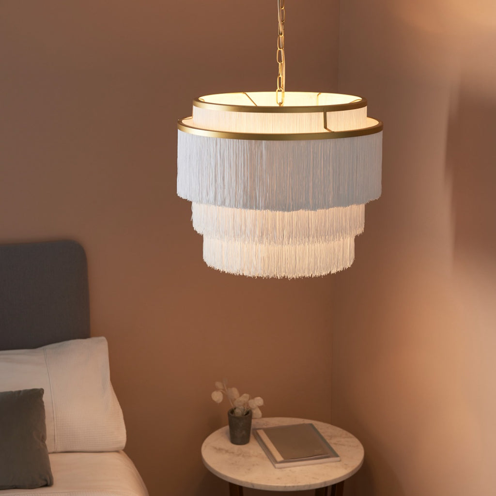 Novena Canelas 3 Light Pendant Light Matt Gold Paint White Tassels