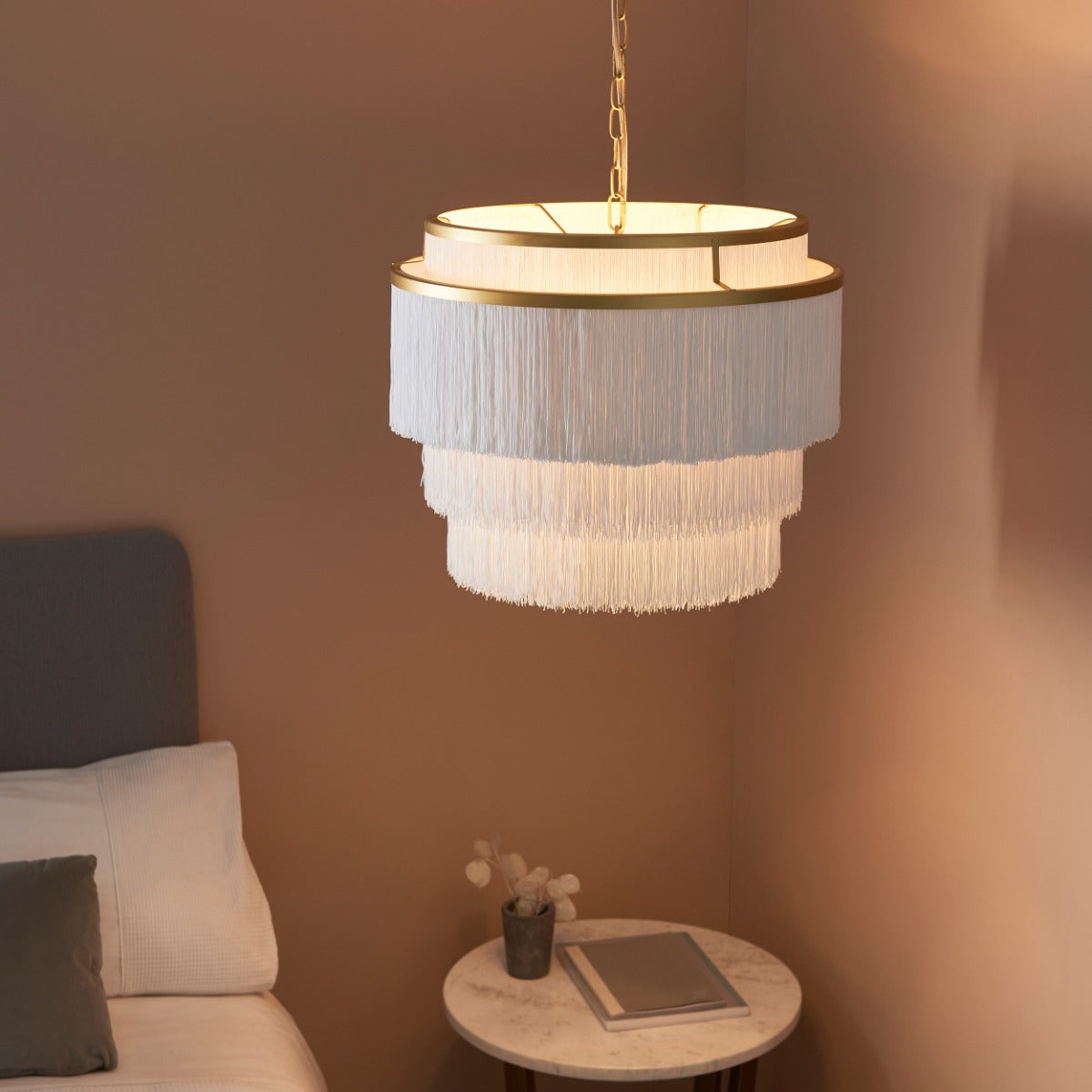 Novena Canelas 3 Light Pendant Light Matt Gold Paint White Tassels