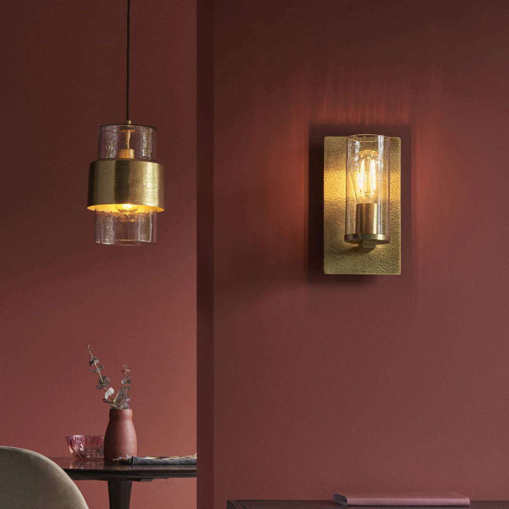 Novena Caroli 1 Light Wall Light Hammered Brass Clear Glass