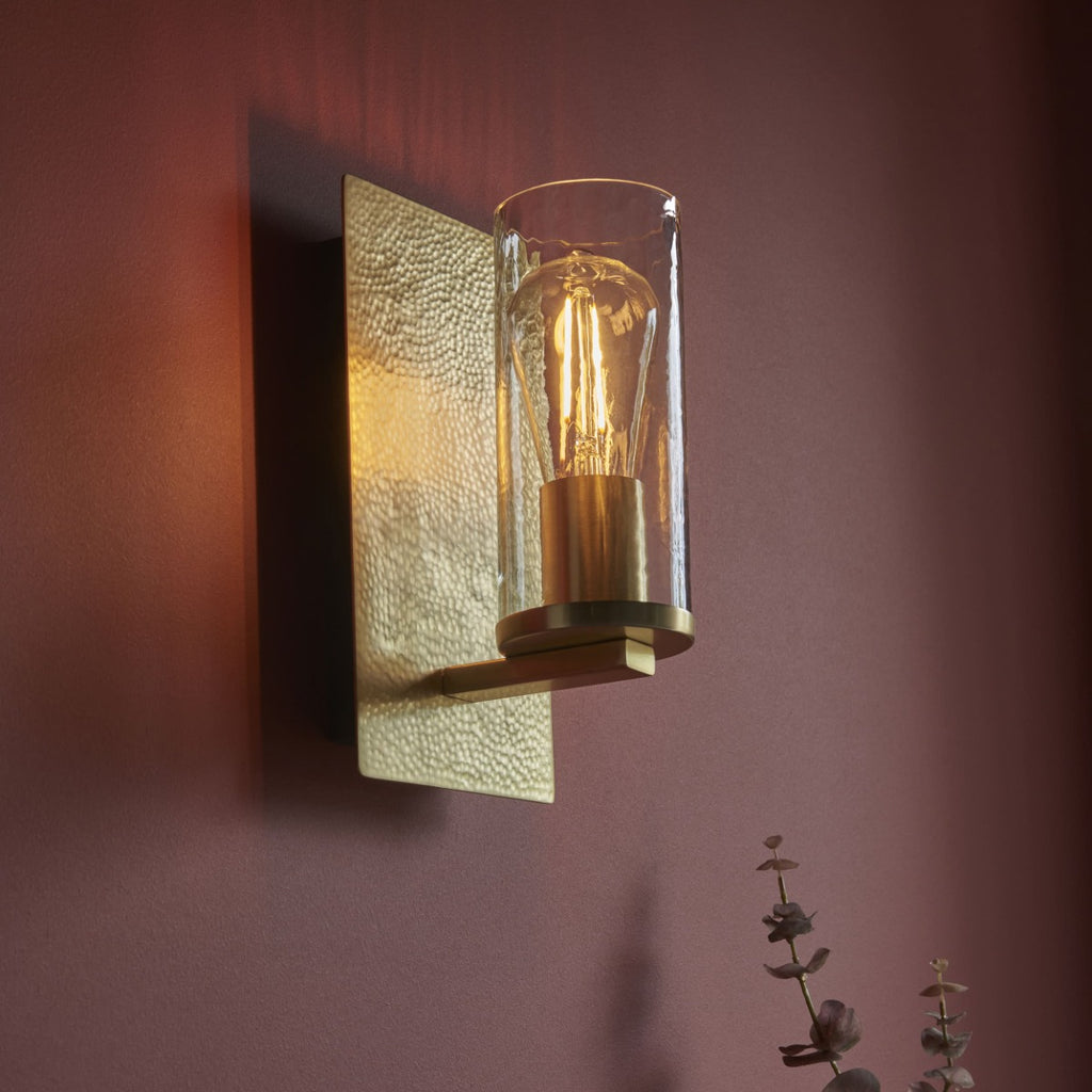 Novena Caroli 1 Light Wall Light Hammered Brass Clear Glass