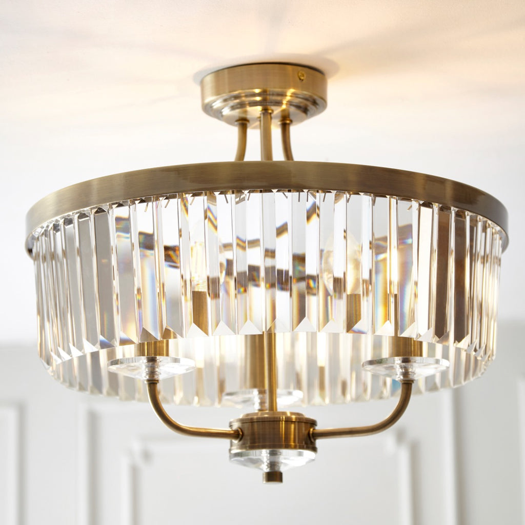 Novena Caroli 3 Light Semi Flush Ceiling Light Clear Cut Glass Antique Brass