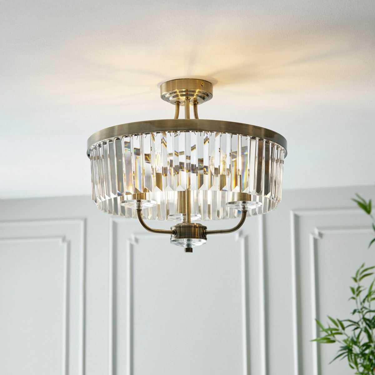 Novena Caroli 3 Light Semi Flush Ceiling Light Clear Cut Glass Antique Brass