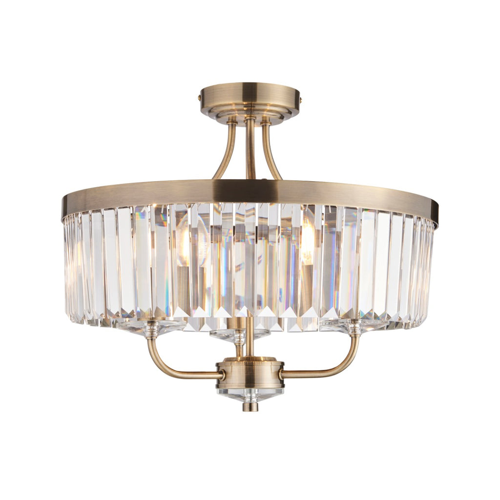 Novena Caroli 3 Light Semi Flush Ceiling Light Clear Cut Glass Antique Brass