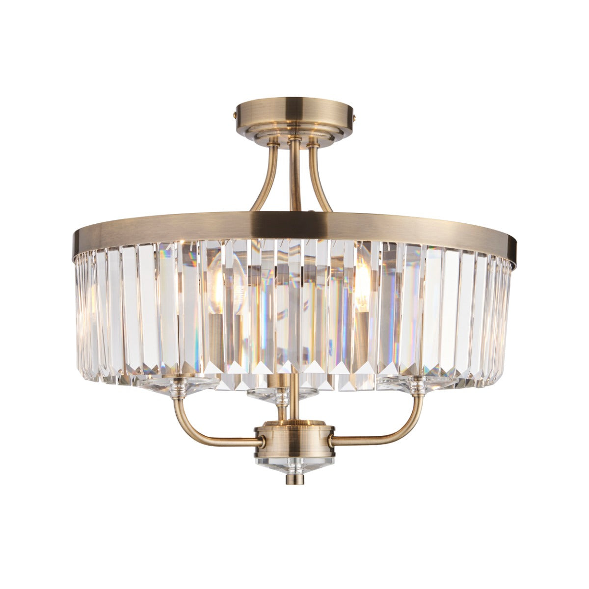 Novena Caroli 3 Light Semi Flush Ceiling Light Clear Cut Glass Antique Brass