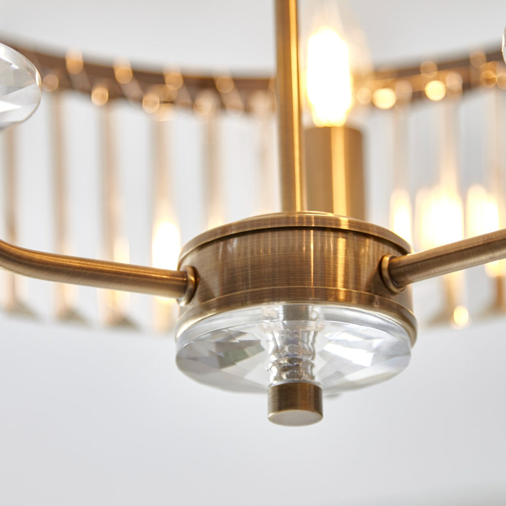 Novena Caroli 3 Light Semi Flush Ceiling Light Clear Cut Glass Antique Brass