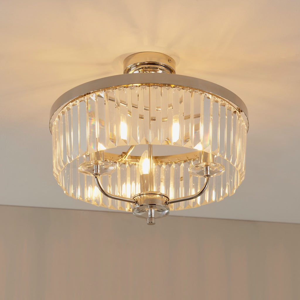 Novena Caroli 3 Light Semi Flush Ceiling Light Clear Cut Glass in Bright Nickel Plate