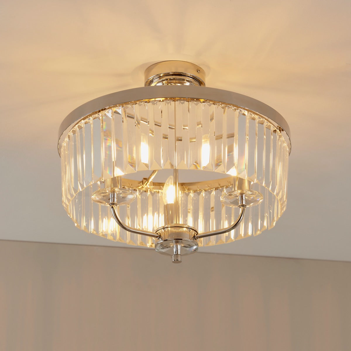 Novena Caroli 3 Light Semi Flush Ceiling Light Clear Cut Glass in Bright Nickel Plate