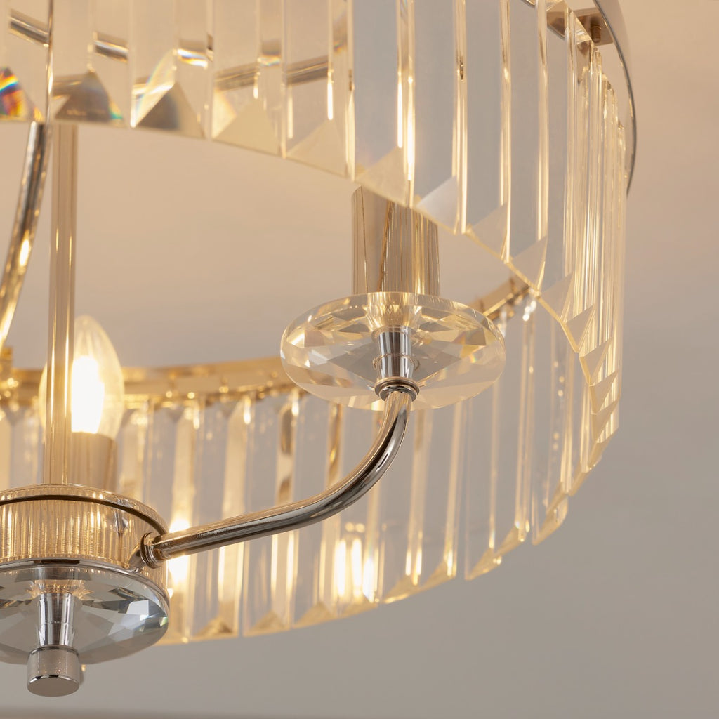 Novena Caroli 3 Light Semi Flush Ceiling Light Clear Cut Glass in Bright Nickel Plate