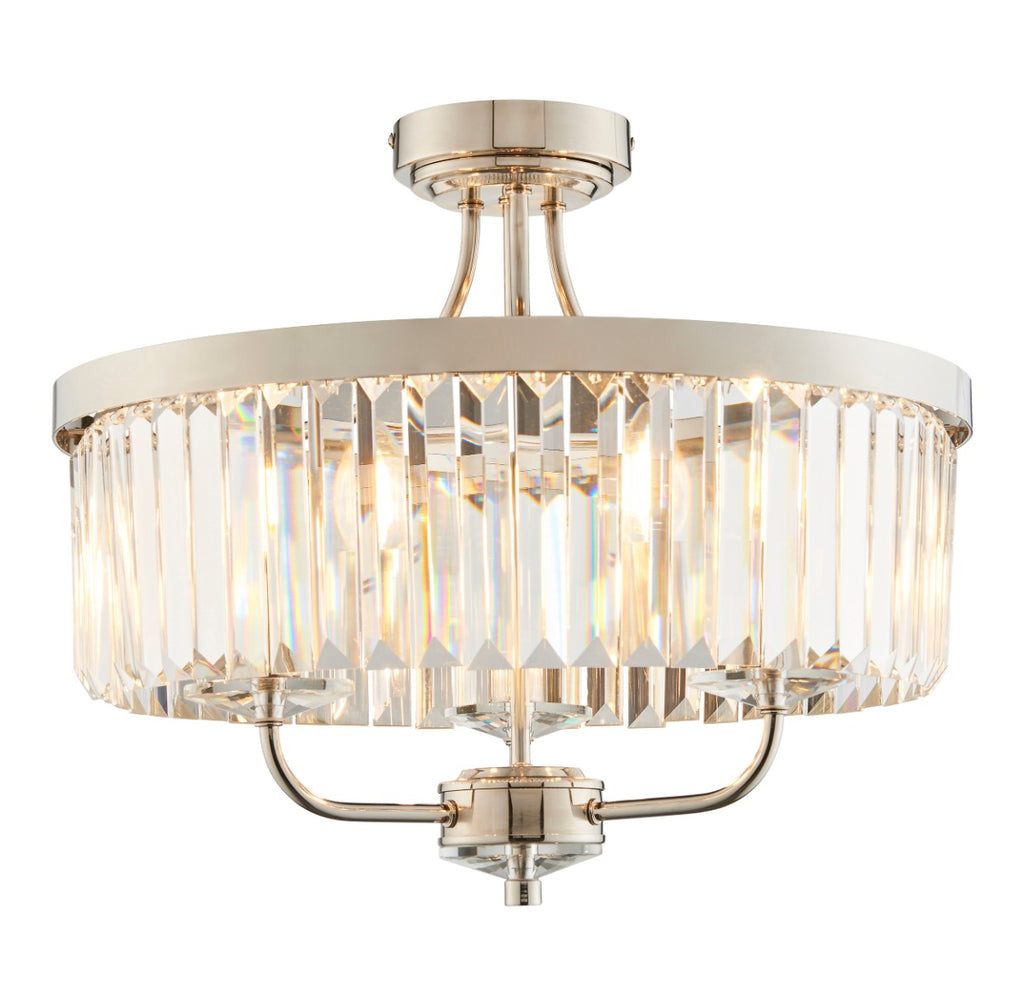 Novena Caroli 3 Light Semi Flush Ceiling Light Clear Cut Glass in Bright Nickel Plate