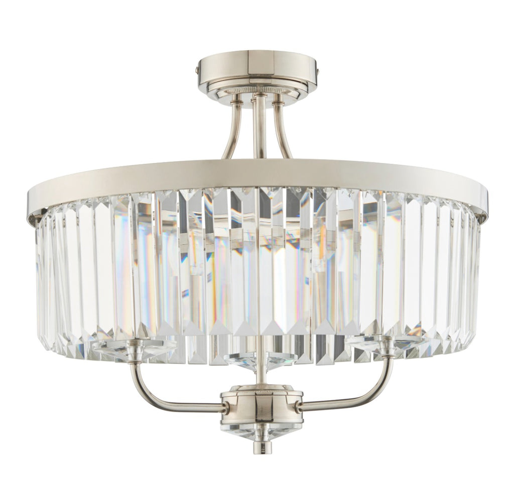 Novena Caroli 3 Light Semi Flush Ceiling Light Clear Cut Glass in Bright Nickel Plate