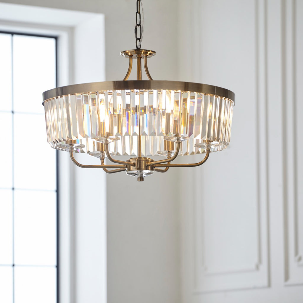 Novena Caroli 6 Light Pendant Light Clear Cut Glass Antique Brass Plate