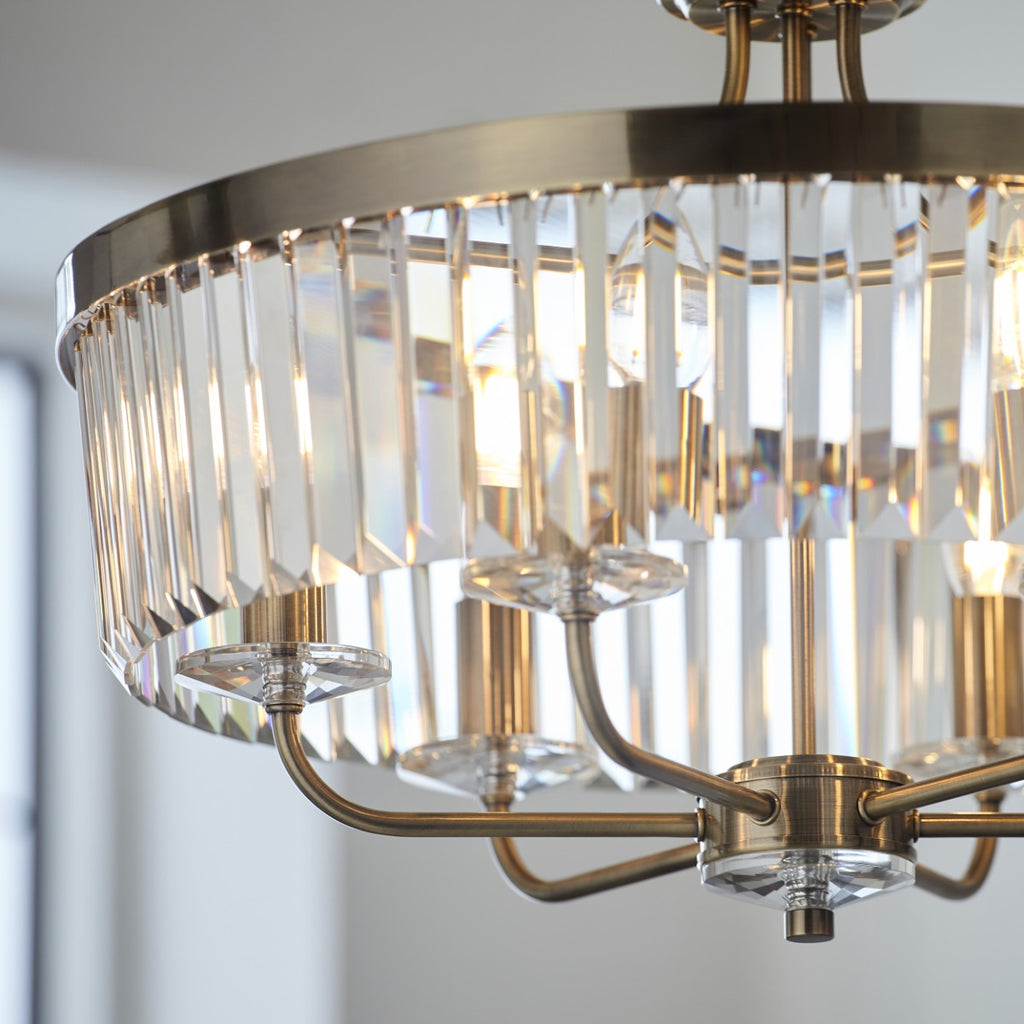 Novena Caroli 6 Light Pendant Light Clear Cut Glass Antique Brass Plate
