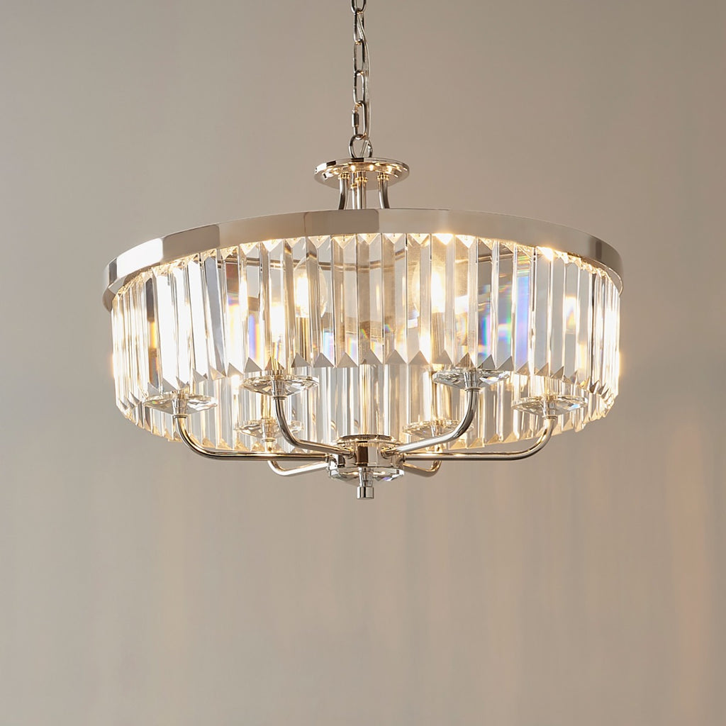 Novena Caroli 6 Light Pendant Light Clear Cut Glass Bright Nickel Plate
