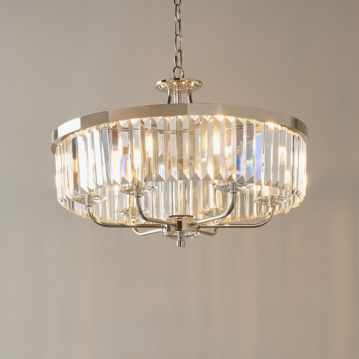 Novena Caroli 6 Light Pendant Light Clear Cut Glass Bright Nickel Plate