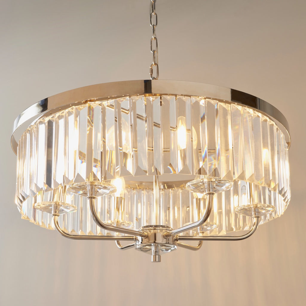 Novena Caroli 6 Light Pendant Light Clear Cut Glass Bright Nickel Plate
