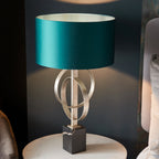Novena Carva 1 Light Table Lamp Antique Silver Leaf Teal Satin Fabric