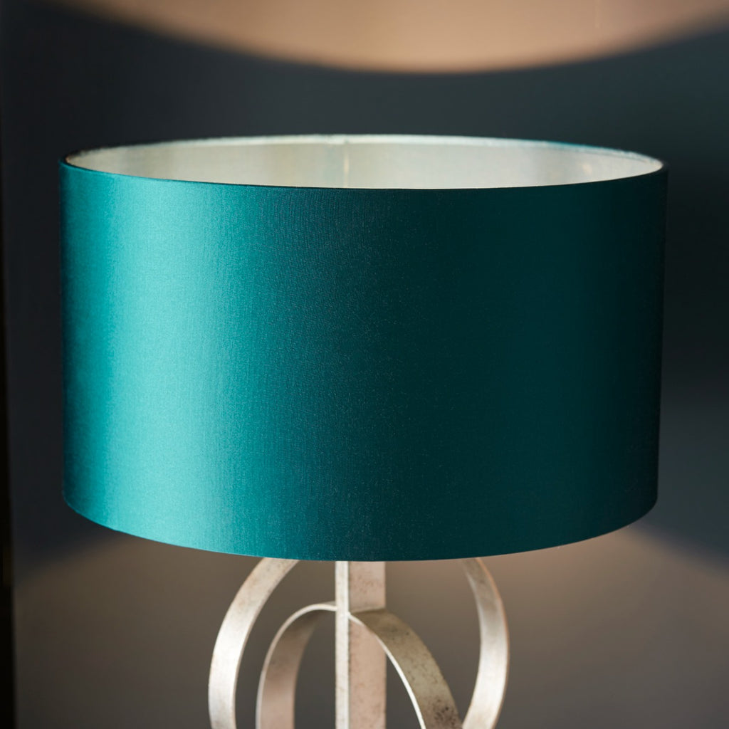 Novena Carva 1 Light Table Lamp Antique Silver Leaf Teal Satin Fabric